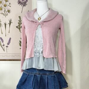 Vintage 90s Y2k Faux Fur Collar Cardigan Sweater Coquette Himekaji Femme XS S